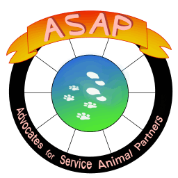 The ASAP logo consisting of a wheelchair wheel around four paw prints and two footprints. The words “Advocates for service animal Partners” appears around the bottom half of the wheel.