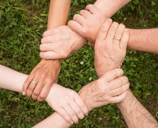 six arms with each hand holding the other's wrist to make a circle 